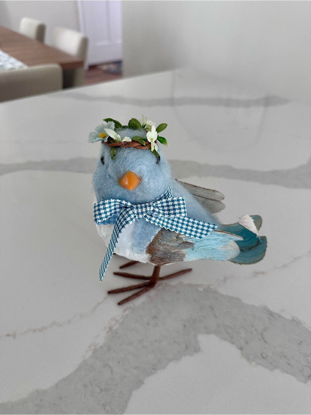 Baby Blue Decorative Bird Figurine with Floral Crown and Gingham Bow